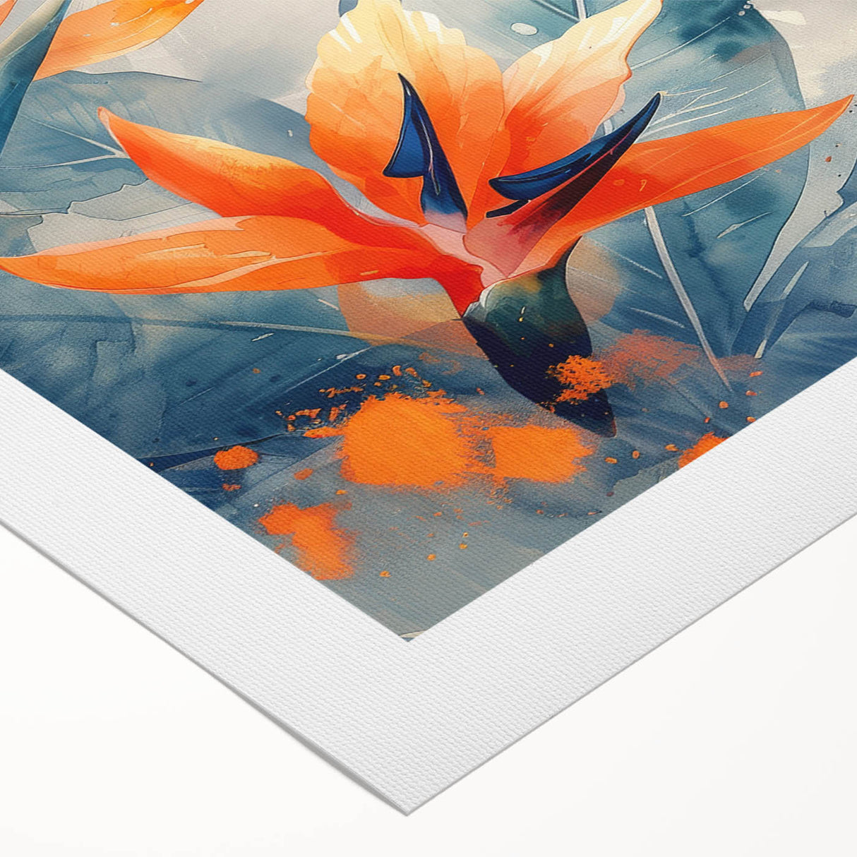 Stunning rolled canvas artwork depicting vibrant Bird of Paradise flowers in a botanical design, showcasing rich colors and intricate details perfect for home decor.