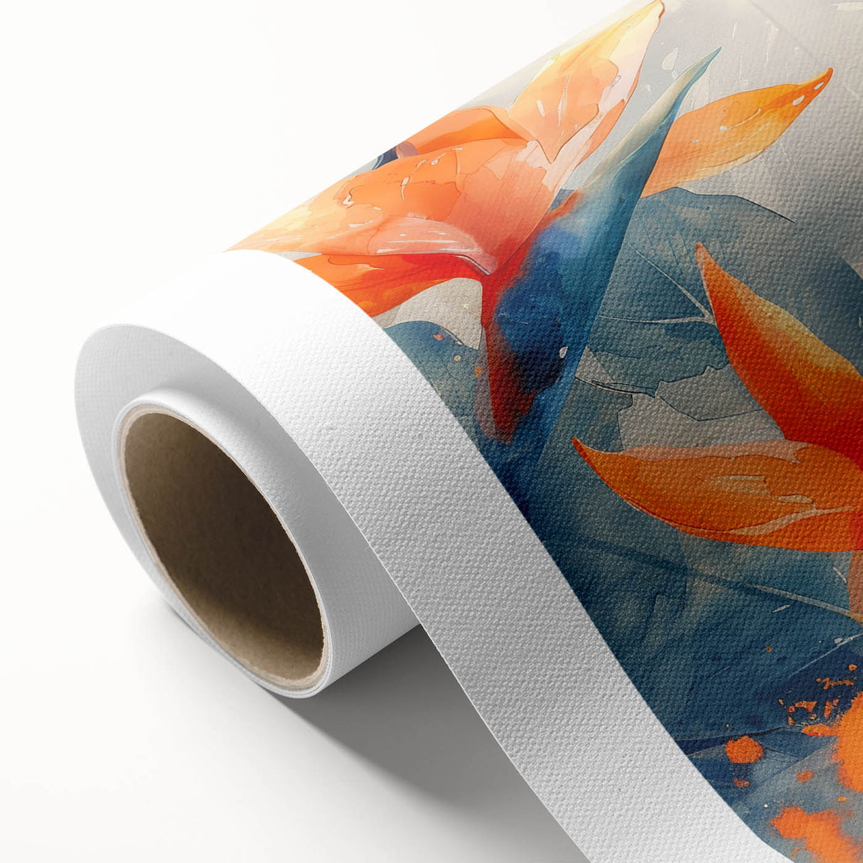 Vibrant rolled canvas showcasing a botanical Bird of Paradise design, featuring lush green leaves and colorful flowers, ideal for home decor and art collectors.