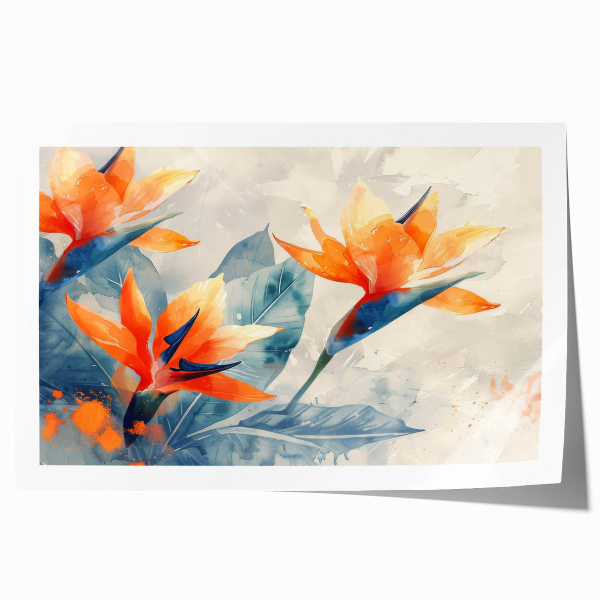 Botanical wall art print featuring a vibrant Bird of Paradise design with rich colors of green, yellow, and orange, rolled and ready for framing.