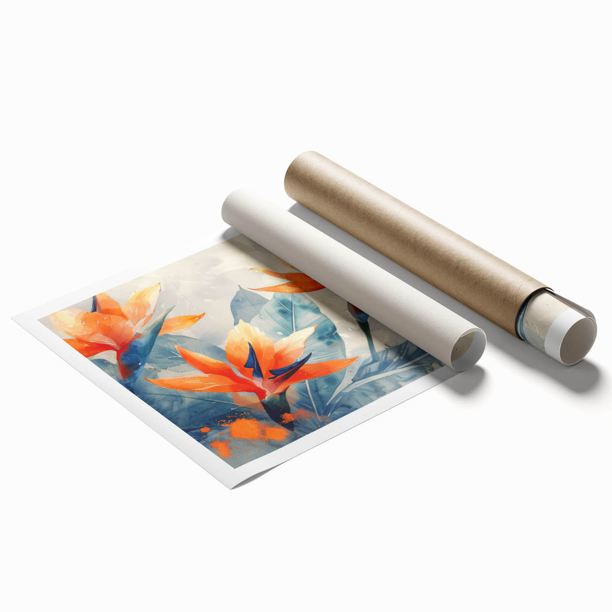 Vibrant Bird of Paradise wall art print showcasing intricate botanical illustrations in rich colors, elegantly rolled for easy display and storage, ideal for home decor enthusiasts.