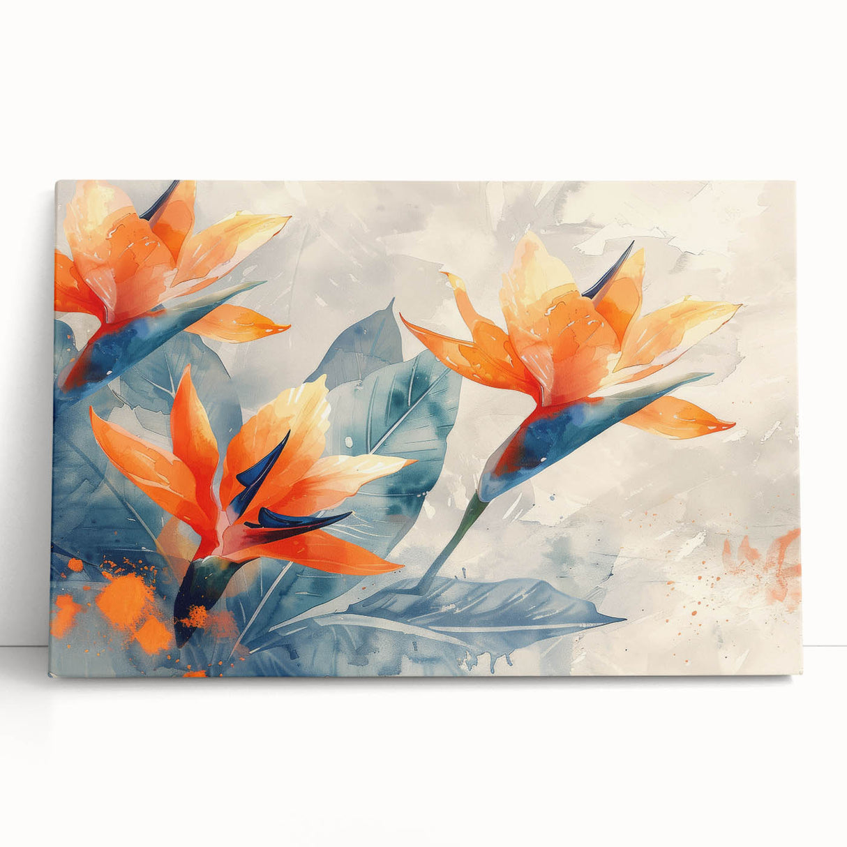 Stretched canvas artwork showcasing a vibrant Bird of Paradise design with lush floral details, ideal for adding a tropical touch to home decor.