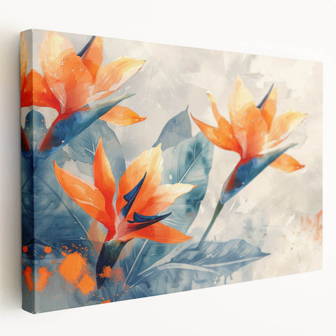 Stretched canvas wall art displaying a vibrant Bird of Paradise design, showcasing bright colors and intricate floral details, perfect for home decor.