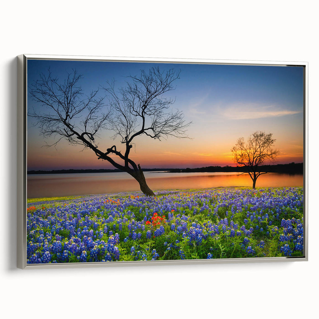 Framed canvas wall art showcasing a botanical bluebonnet design, featuring elegant silver accents and a side view perspective, perfect for home decor.