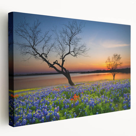 Stretched canvas wall art featuring a vibrant bluebonnet botanical design in a side view, showcasing intricate floral details and rich colors, perfect for home decor.