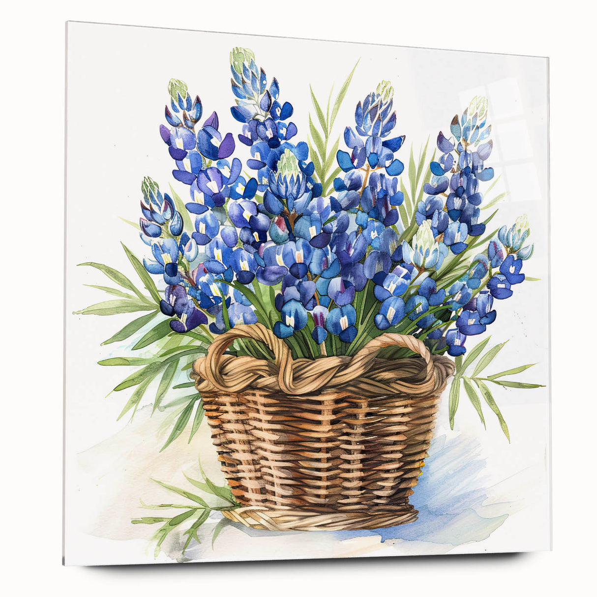 Acrylic wall art featuring a vibrant bluebonnet botanical design, showcased in a sleek side view, ideal for home decor or nature-themed interiors.