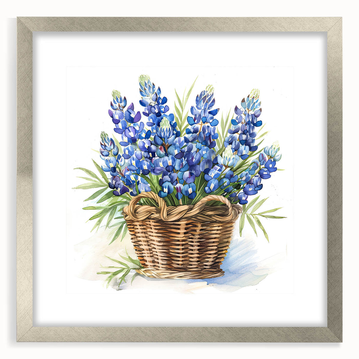 Framed botanical wall art featuring a vibrant bluebonnet design in a silver frame with a mat, ideal for enhancing home decor and adding a touch of nature.