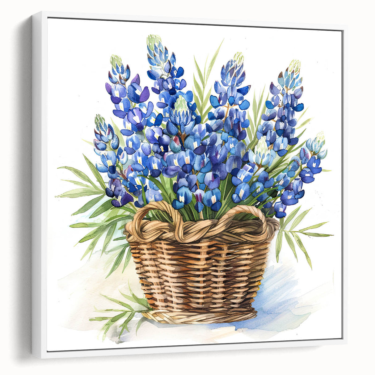 Framed wall art featuring a botanical bluebonnet design on a canvas, showcasing vibrant colors and intricate floral details against a white background. Ideal for enhancing home decor with a nature-inspired aesthetic.