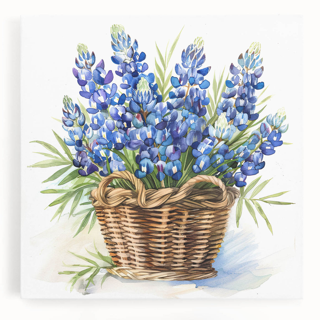 Stretched canvas wall art showcasing a vibrant bluebonnet botanical design, featuring rich colors and intricate details, perfect for home decor or nature lovers.