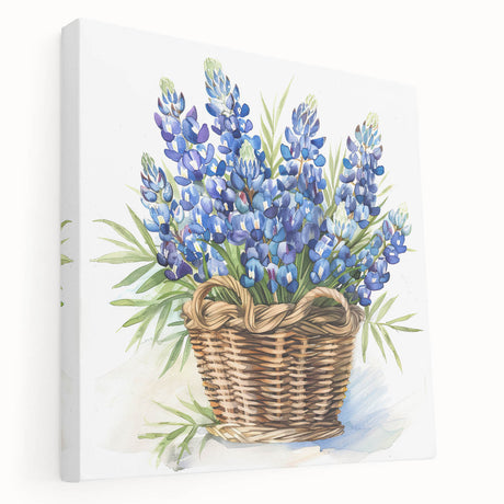 Stretched canvas wall art showcasing a vibrant bluebonnet floral design, featuring intricate details and rich colors, ideal for home decor and nature lovers.