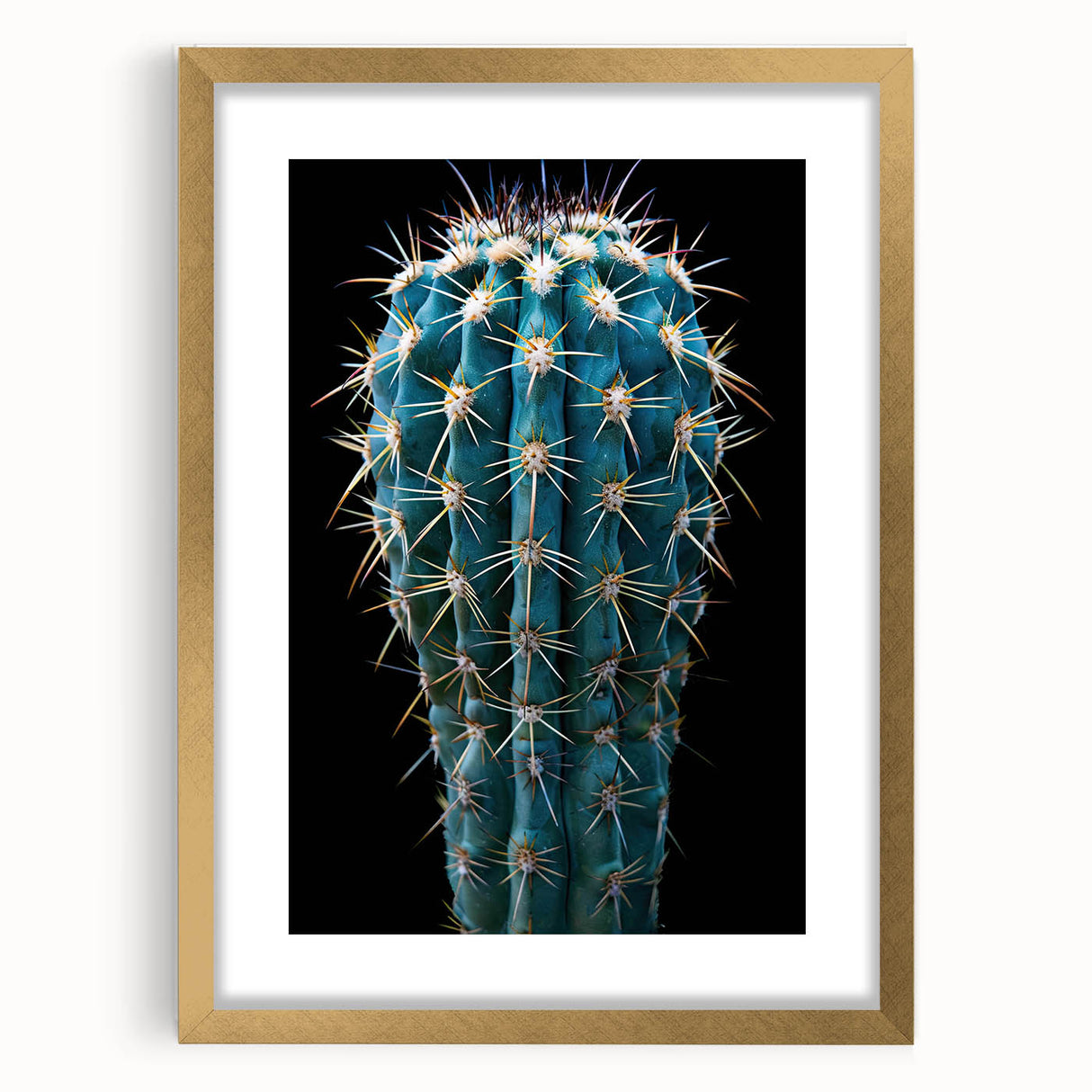 Botanical wall art featuring a detailed illustration of a cactus design in a stylish gold frame, complete with a mat, perfect for modern decor.