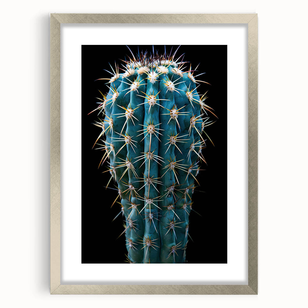 Botanical wall art featuring a vibrant cactus design in a silver frame with mat, ideal for modern home decor. Perfect for adding a touch of nature to any room.