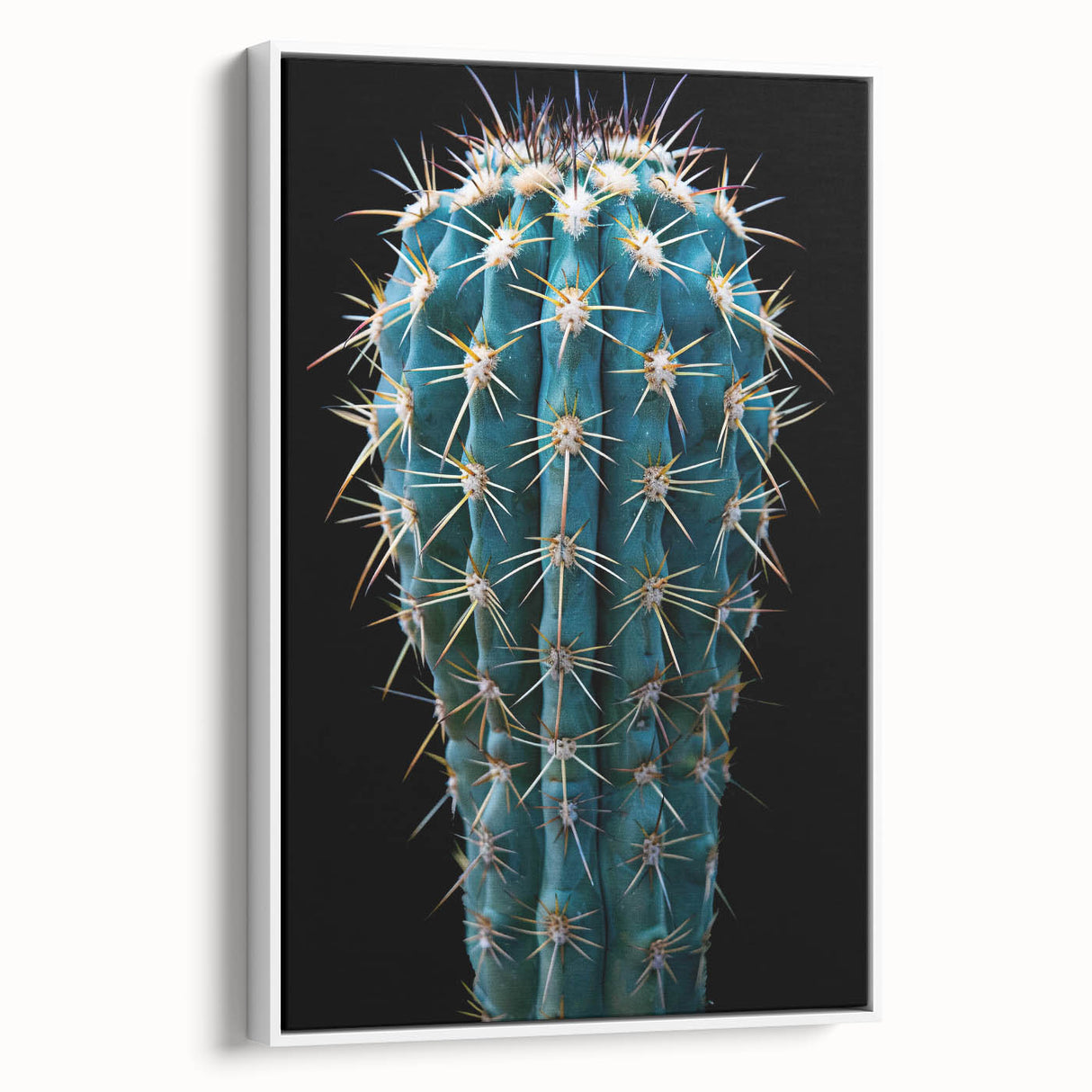 Framed canvas artwork showcasing a botanical cactus design, featuring vibrant green hues and intricate details, perfect for modern home decor in a white frame.