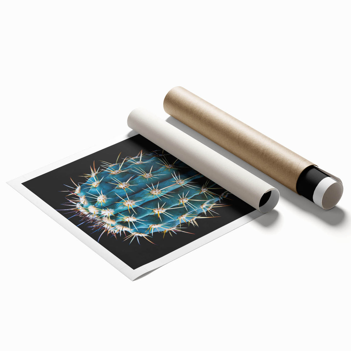 Botanical wall art print featuring a vibrant cactus design in shades of green and pink, rolled and ready for display, perfect for modern home decor enthusiasts.