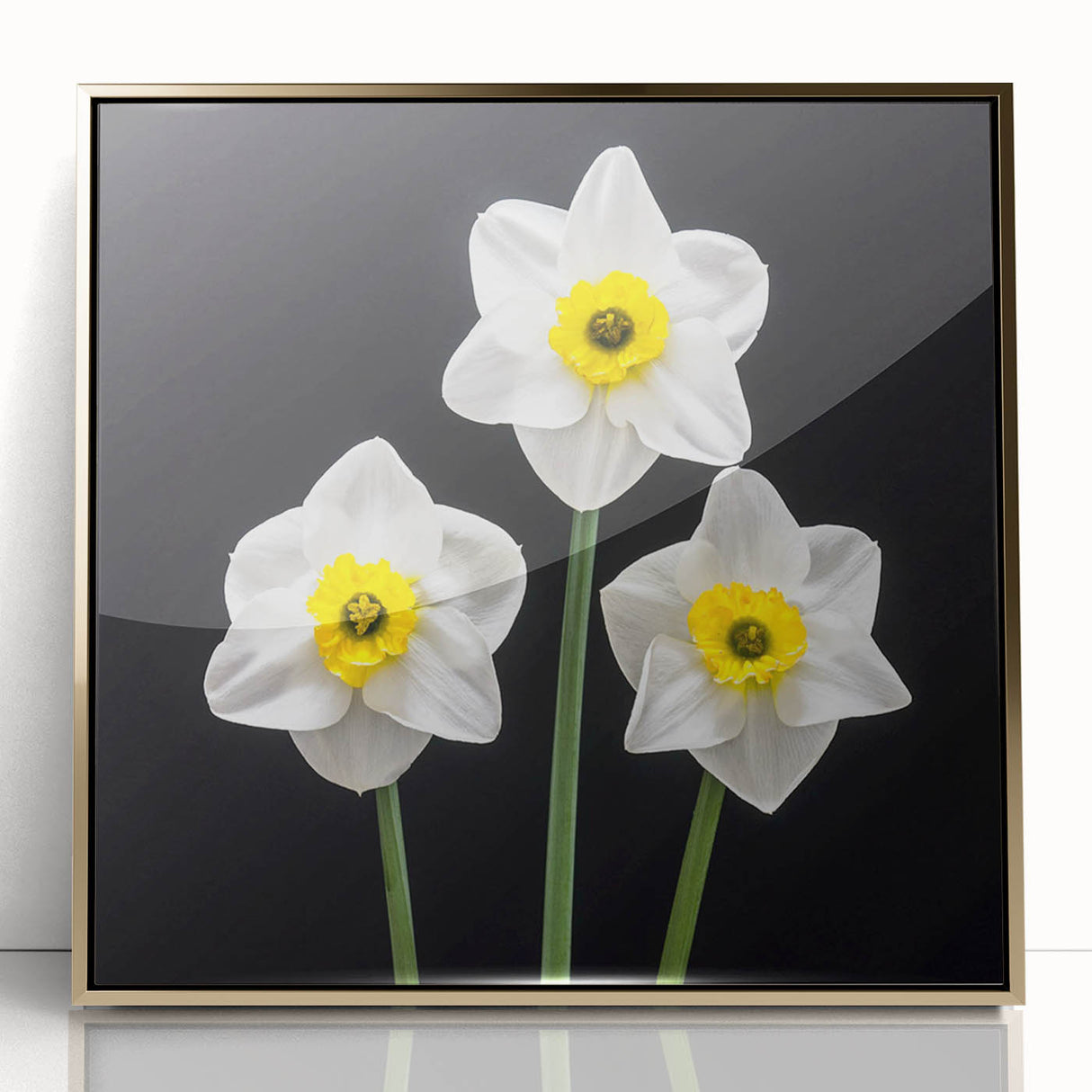 Framed botanical wall art featuring a vibrant daffodil design in gold-accented acrylic, ideal for enhancing modern home decor with floral elegance.