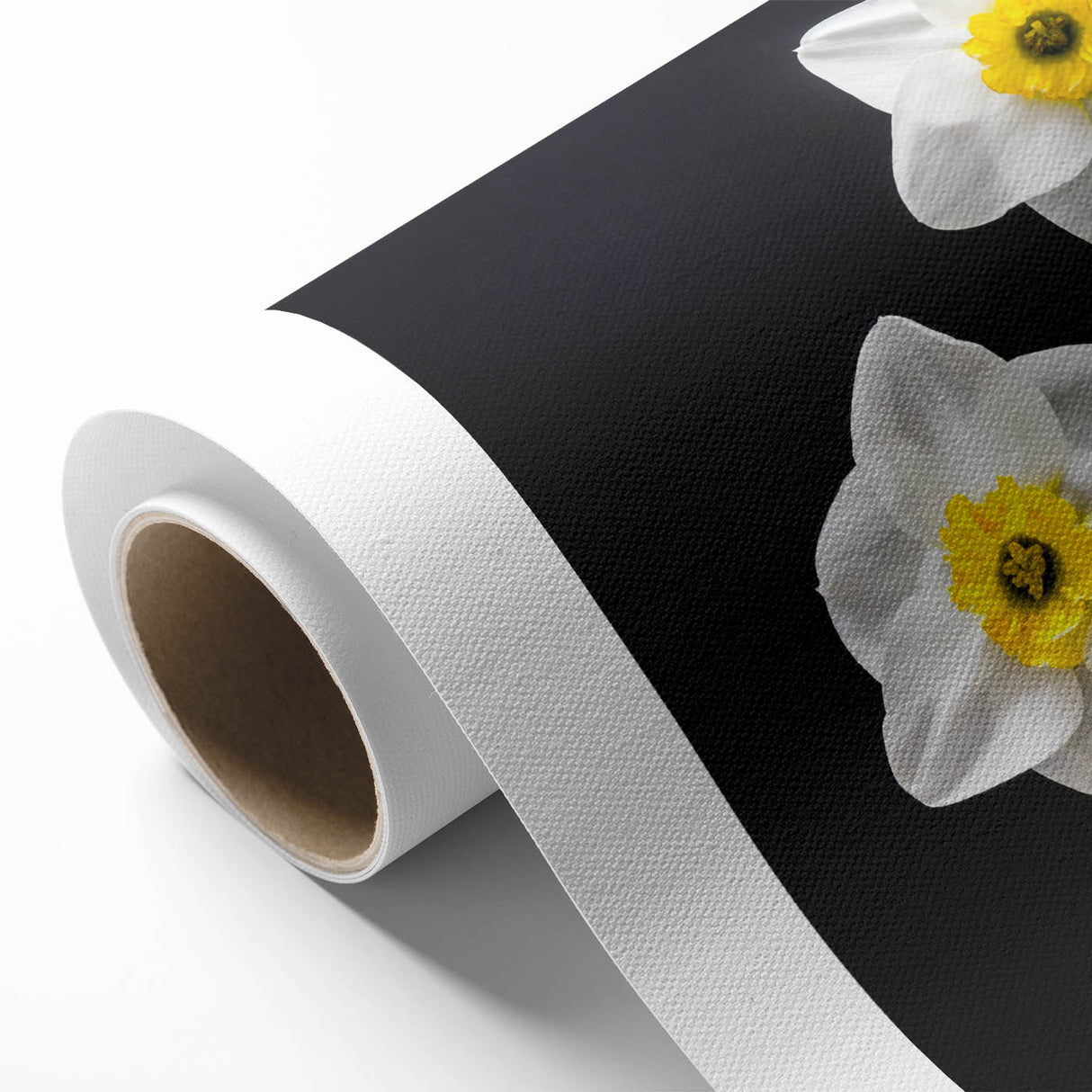 Vibrant rolled canvas wall art featuring a botanical daffodil design, showcasing intricate floral details and bright yellow colors, ideal for home decor.