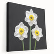 Stretched canvas wall art featuring a vibrant daffodil botanical design, showcasing rich yellow and green colors with a contemporary side view, perfect for home decor.
