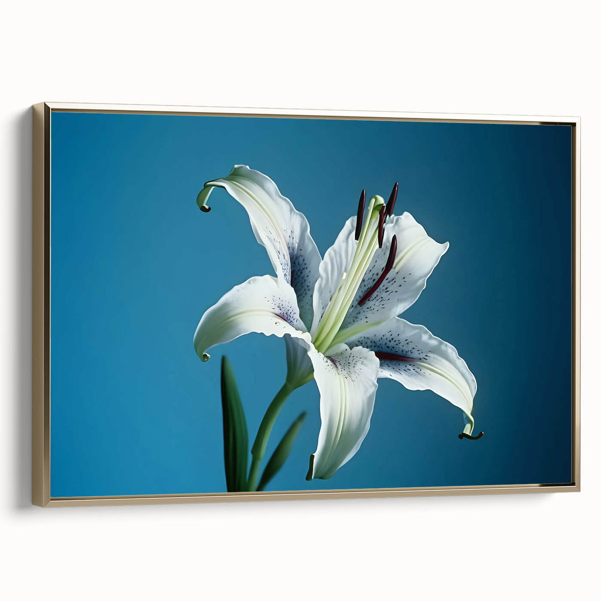 Framed canvas wall art featuring a botanical daffodil design in vibrant colors, set against a gold frame. Ideal for adding a touch of elegance to home decor.