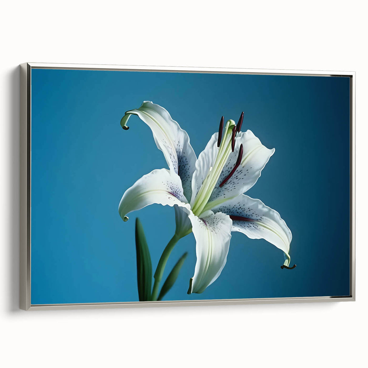 Framed wall art showcasing a botanical daffodil design in a silver frame, highlighting vibrant yellow flowers against a soft background, perfect for home decor.