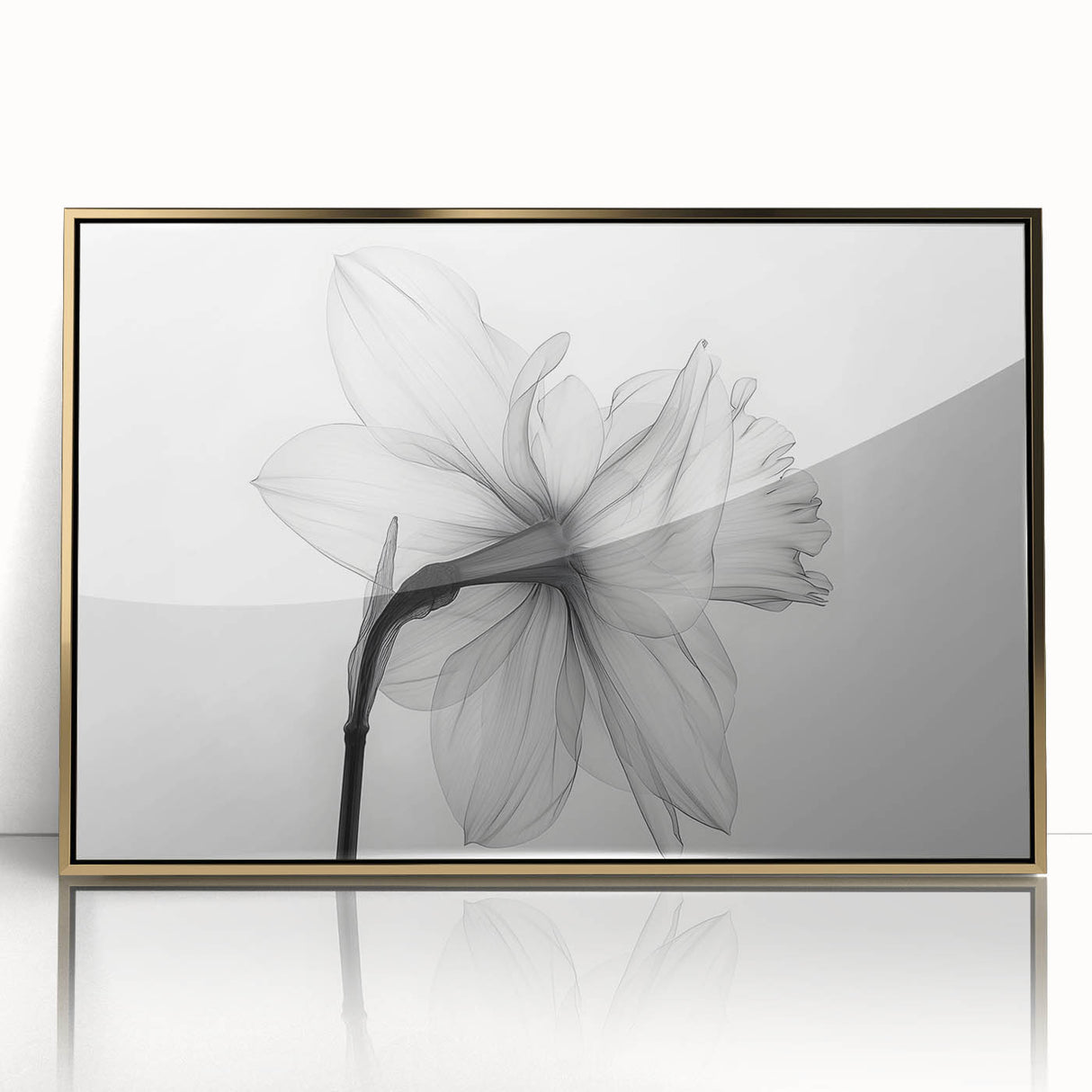 Framed acrylic wall art featuring a botanical daffodil design with gold accents, showcasing vibrant yellow flowers against a neutral background, ideal for home decor.