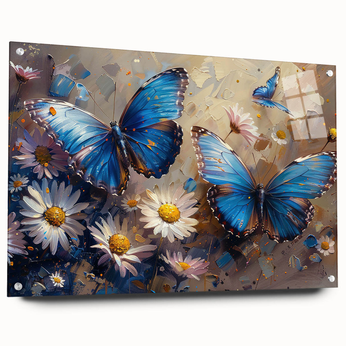 Acrylic glass wall art featuring a botanical daisy design, showcasing vibrant yellow and white flowers with a stylish side view and decorative pins for hanging. Perfect for brightening home decor with a touch of nature.
