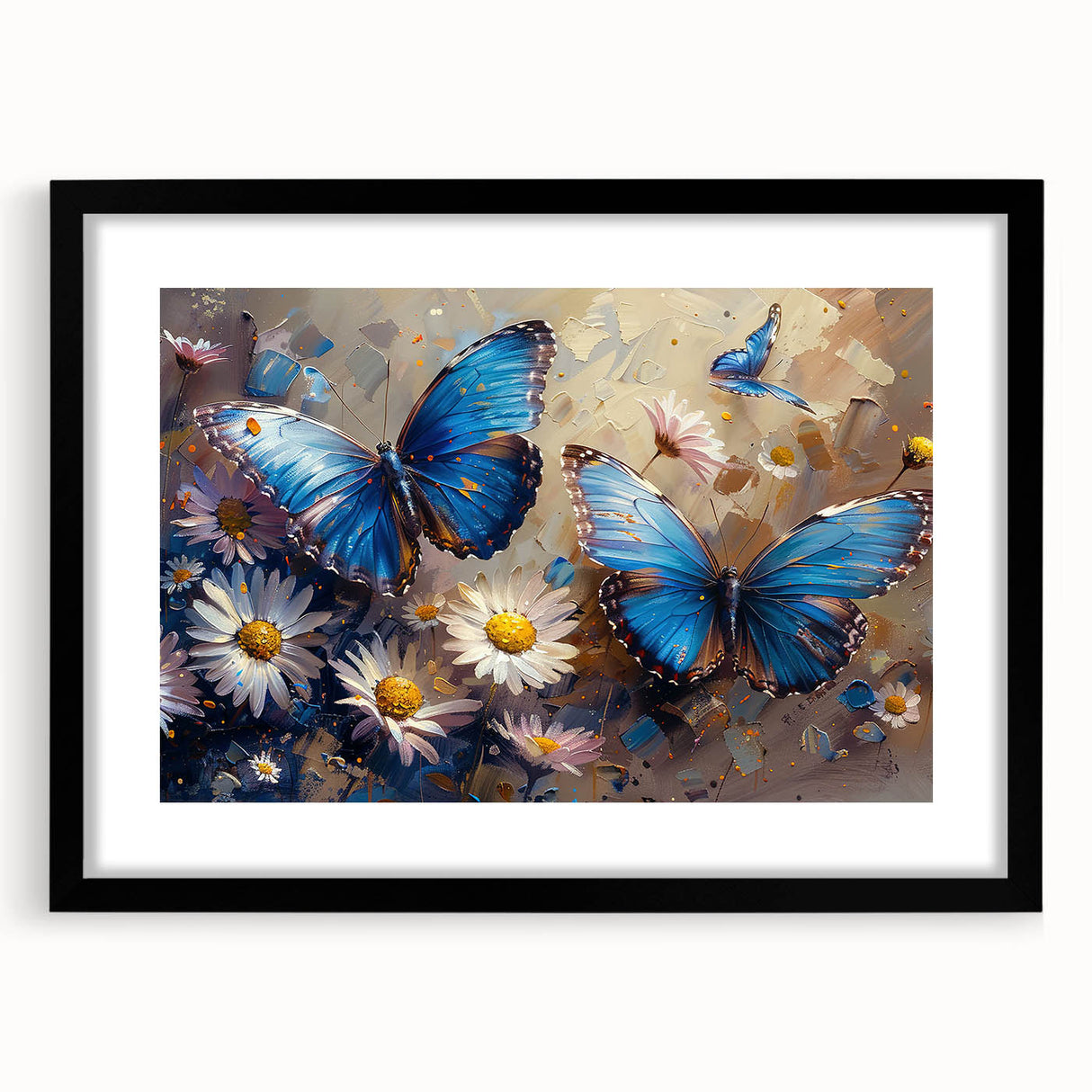 Botanical wall art featuring a daisy design in a modern black frame with matting, showcasing vibrant colors and intricate floral details, perfect for home decor.