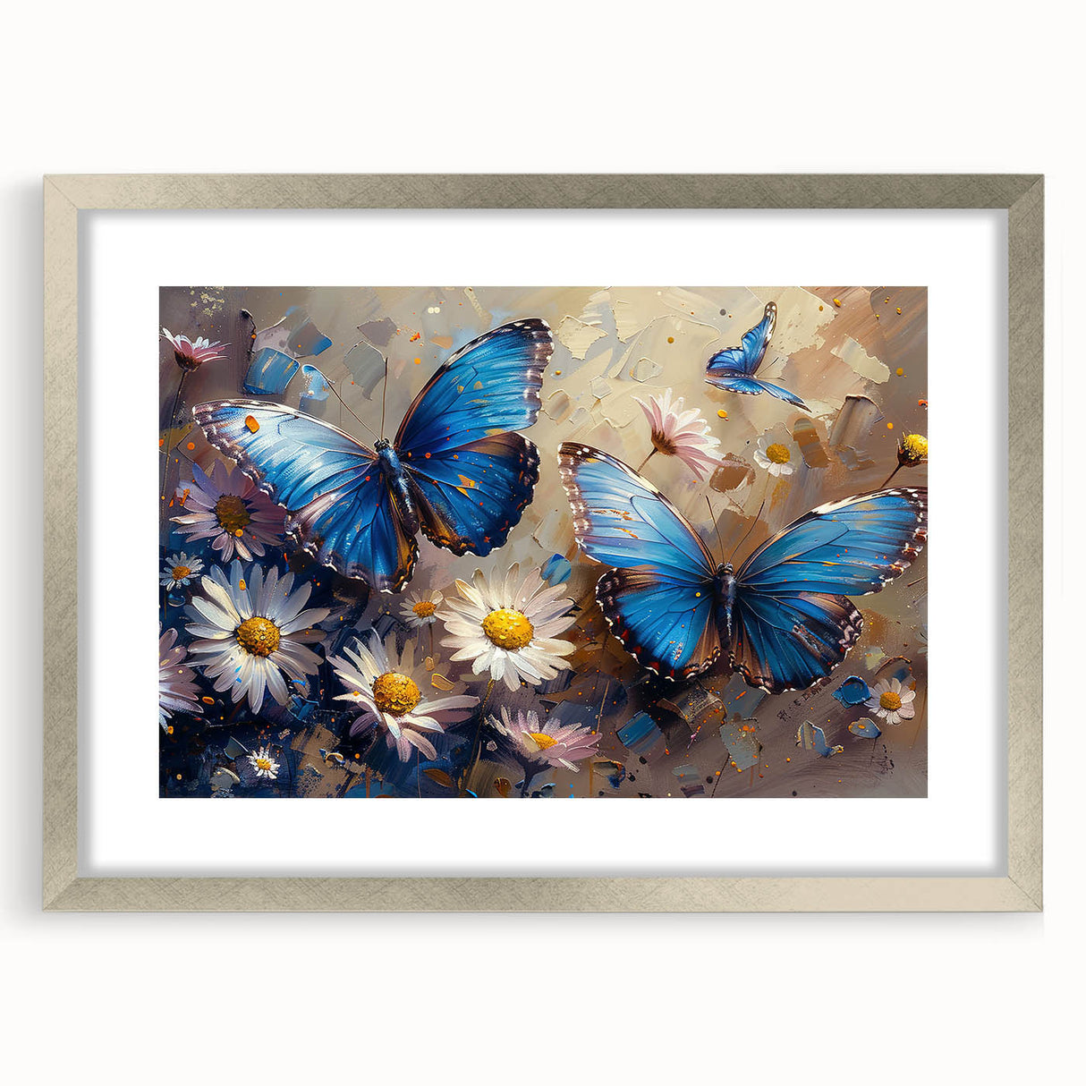 Framed botanical wall art featuring a daisy design, elegantly displayed in a silver frame with a mat, ideal for home decor. Perfect for nature lovers and floral enthusiasts.
