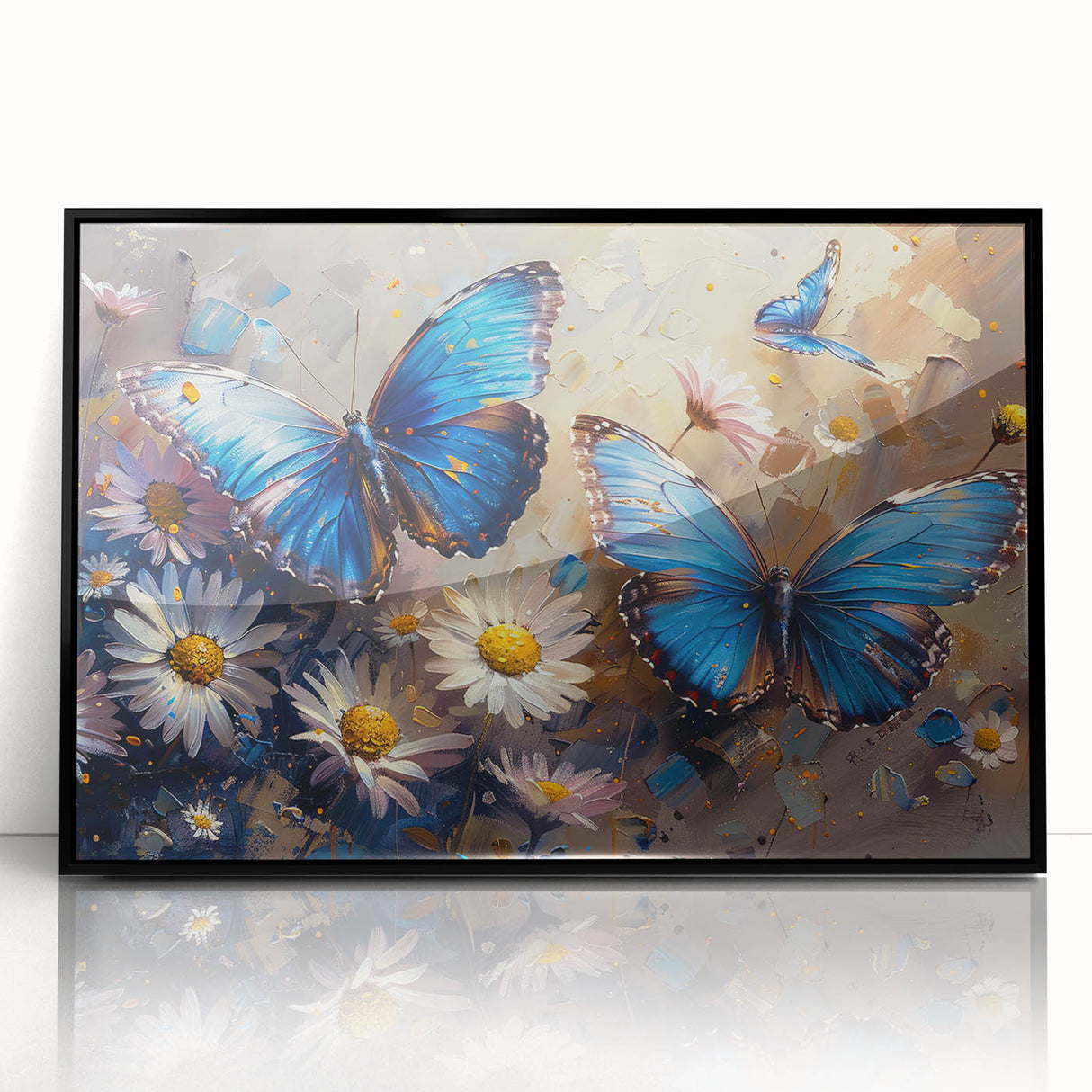 Framed wall art featuring a botanical daisy design in vibrant colors, showcasing intricate flower details against a sleek black frame, ideal for home decor enhancement.