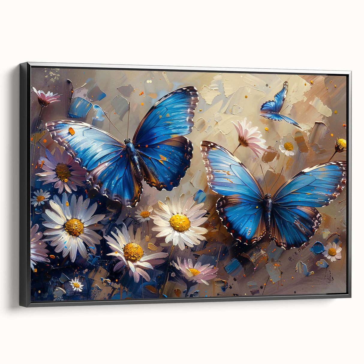 Framed canvas wall art showcasing a vibrant botanical daisy design, set against a sleek black background, ideal for modern home decor and floral enthusiasts.