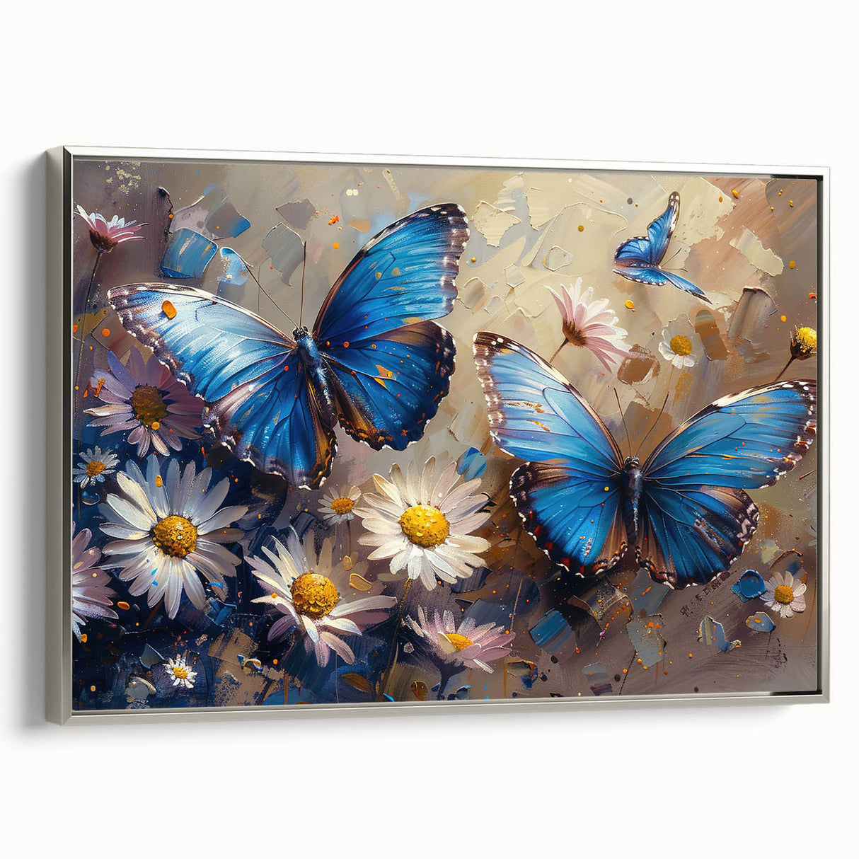 Framed botanical wall art featuring a delicate daisy design, showcasing vibrant colors and intricate details, presented in a sleek silver frame from a stylish side view.