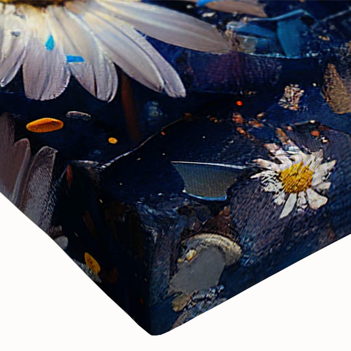 Close-up of a botanical daisy design artwork on stretched canvas, showcasing vibrant yellow and white flowers against a soft pastel background, perfect for home decor.