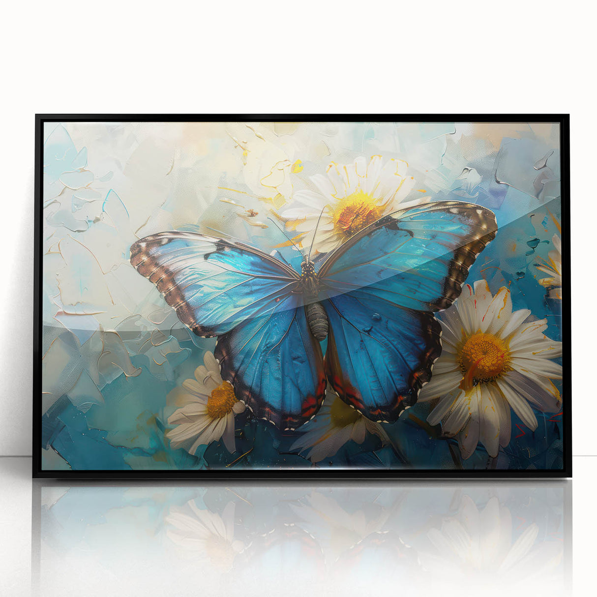 Framed wall art featuring a botanical daisy design in vibrant colors with a sleek black frame, perfect for enhancing modern home decor. Ideal for floral enthusiasts and nature-inspired interiors.