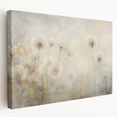 Botanical wall art showcasing a detailed dandelion design on stretched canvas, highlighting intricate textures and a vibrant color palette, perfect for home decor.