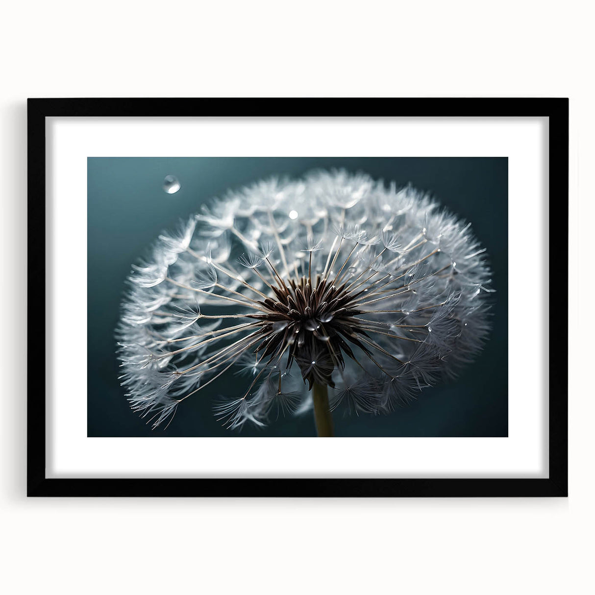 Black-framed wall art showcasing a detailed botanical illustration of dandelions, elegantly matted for a sophisticated look, perfect for modern home decor.