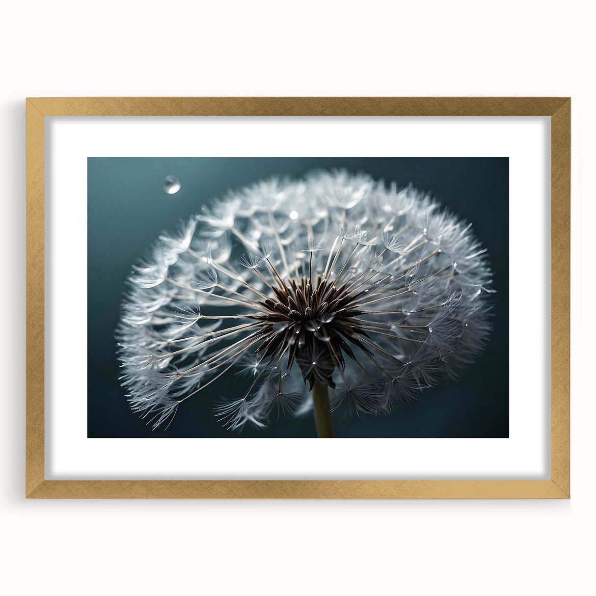 Botanical dandelion design wall art framed in gold with a white mat, showcasing intricate floral details, perfect for home decor and nature enthusiasts.