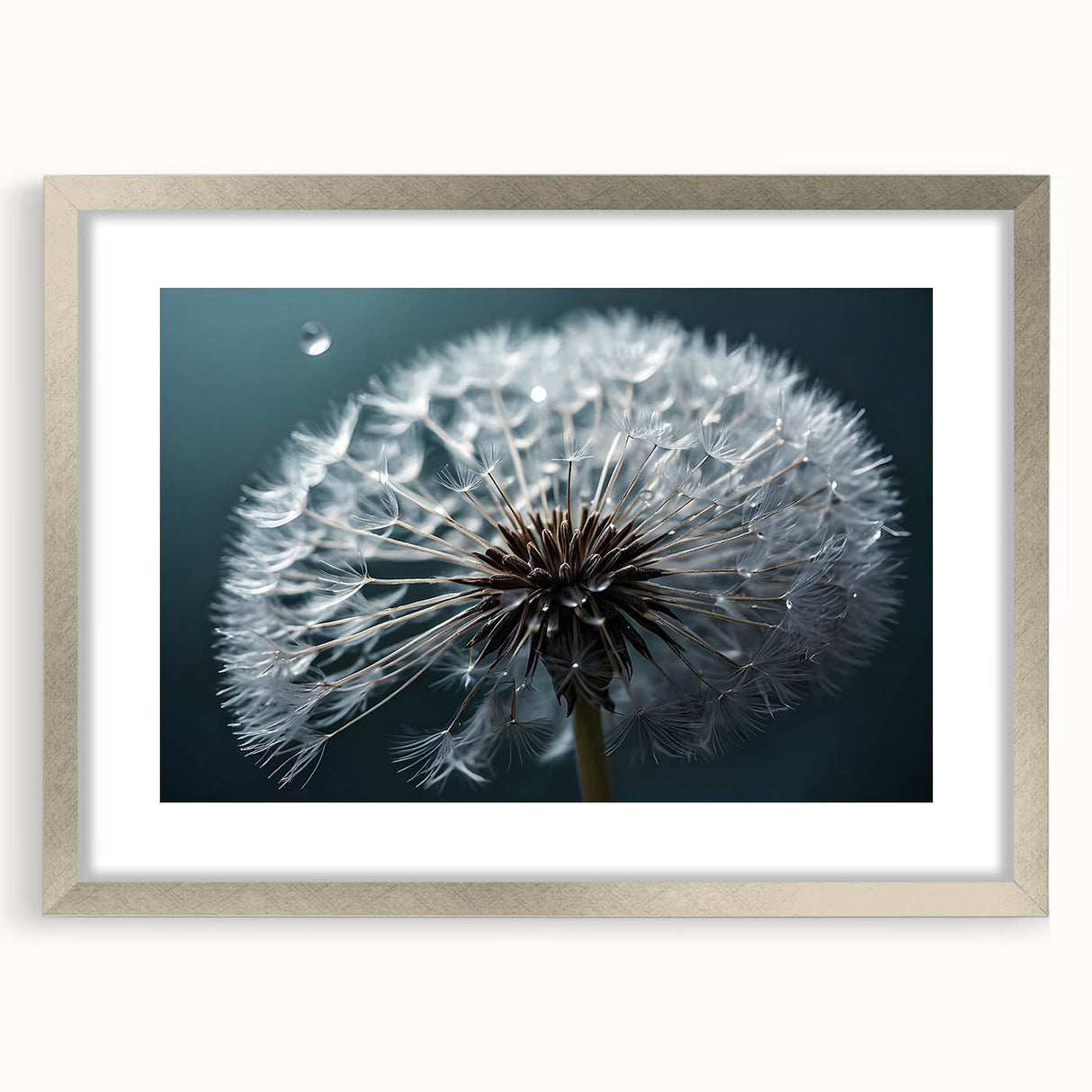 Dandelion wall art design in a silver frame with matting, showcasing delicate botanical details and a modern aesthetic. Perfect for home decor enhancement.