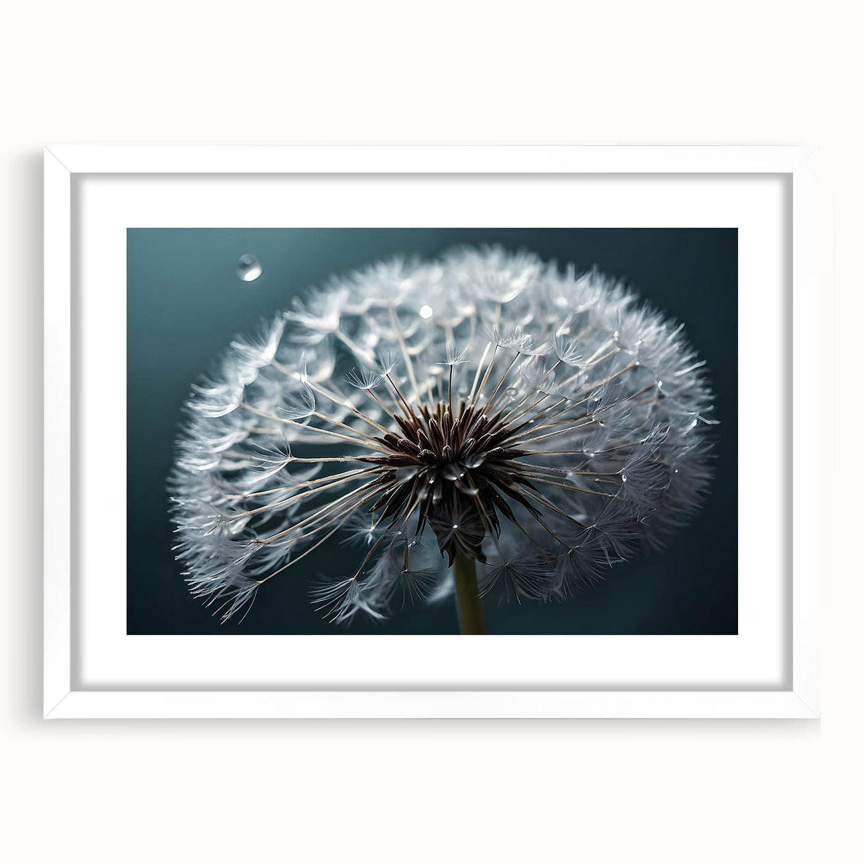 Botanical wall art featuring a delicate dandelion design, framed in a sleek white mat, ideal for home decor. Perfect for nature lovers and modern interiors.