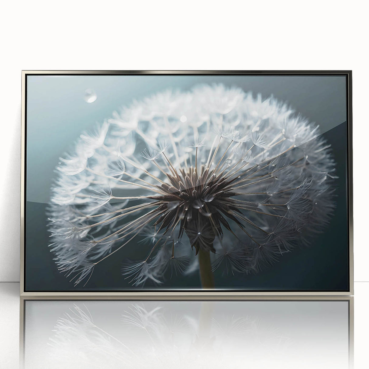 Framed wall art showcasing a botanical dandelion design in elegant silver acrylic, ideal for modern home decor. Adds a touch of nature-inspired elegance to any room.