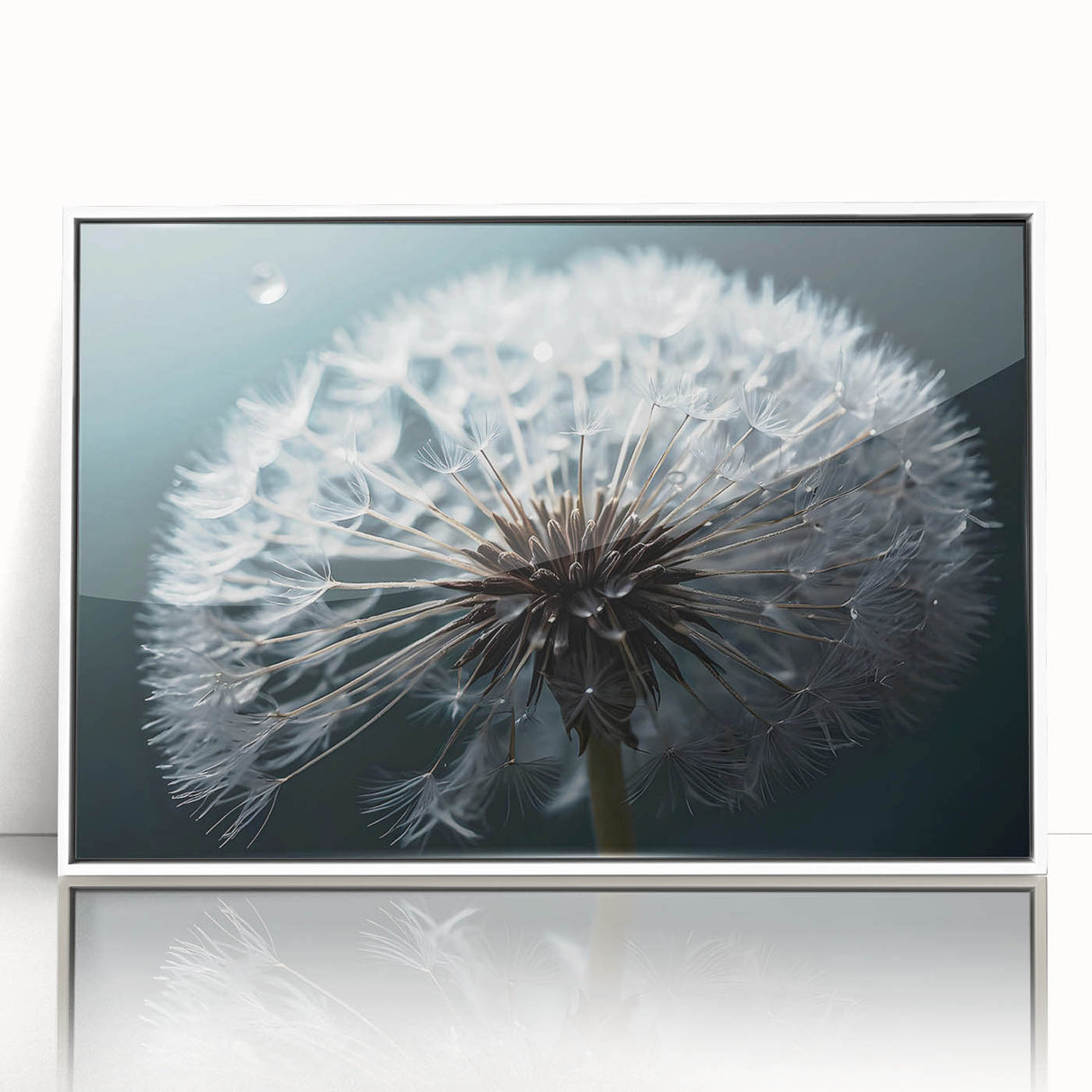 Framed wall art featuring a botanical dandelion design in a sleek white frame, showcasing intricate details and vibrant colors, perfect for home decor enhancement.