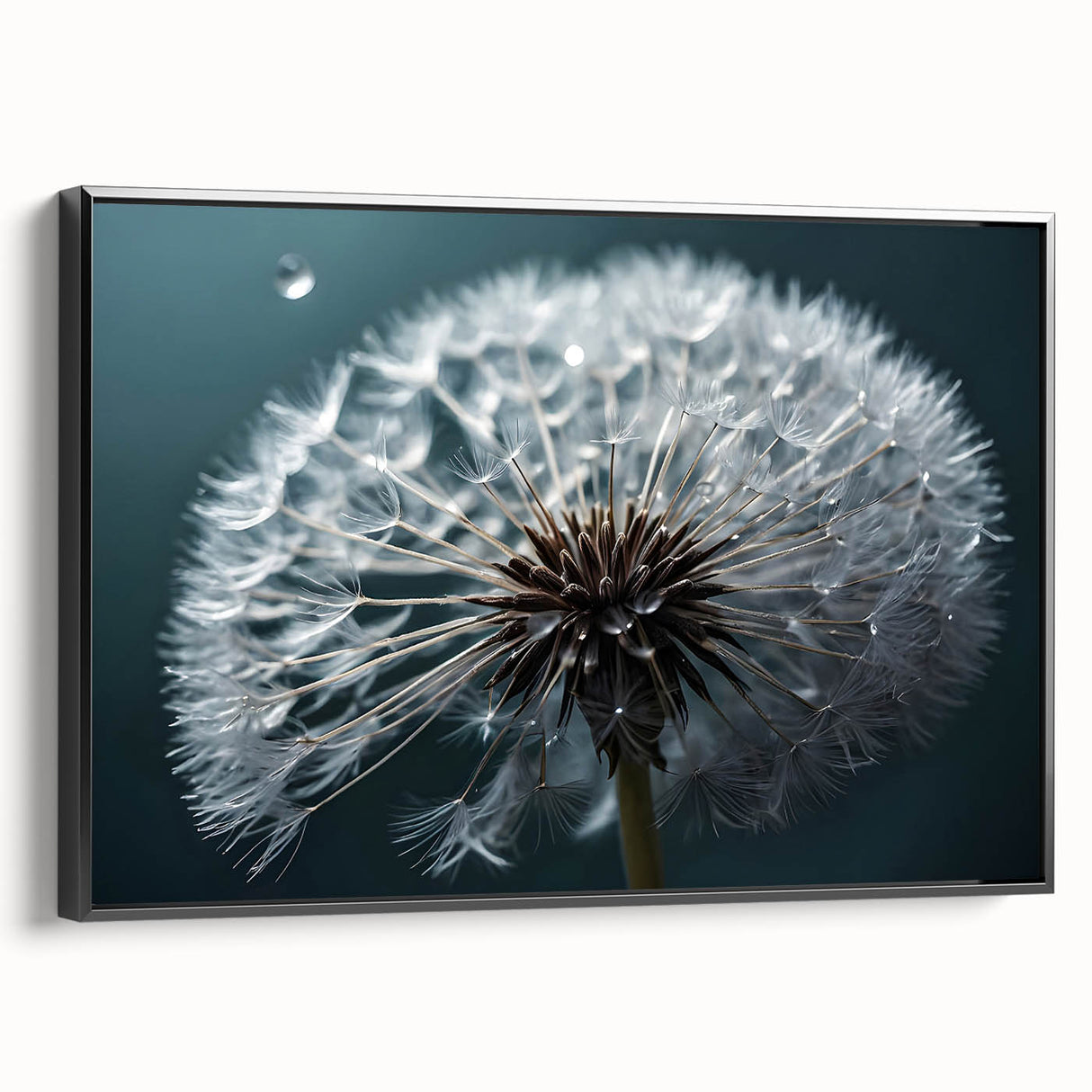 Framed wall art featuring a botanical dandelion design on a textured canvas, showcasing elegant black borders, ideal for enhancing modern home decor.