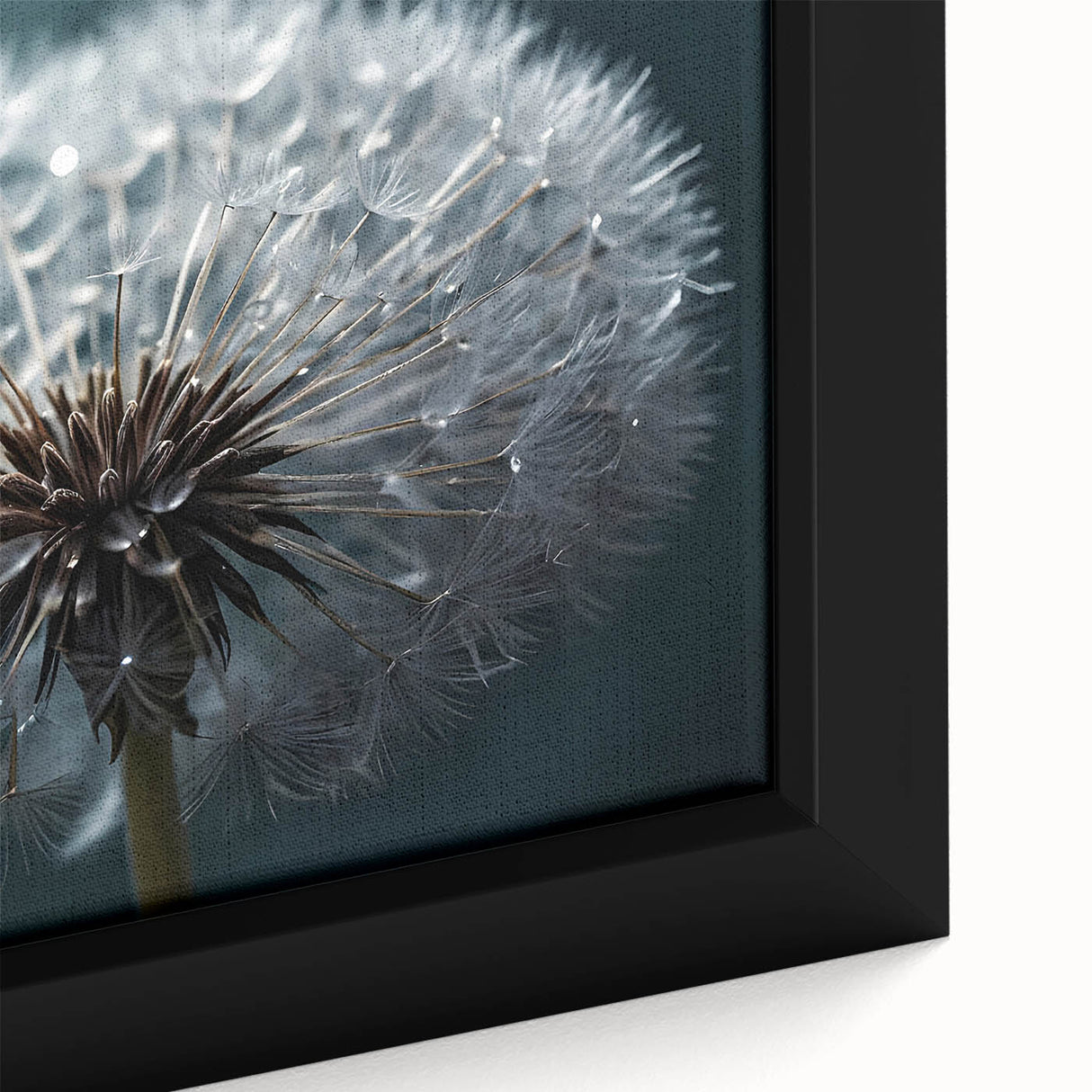 Close-up of a framed botanical wall art piece featuring a detailed dandelion design, showcasing intricate textures and soft colors, perfect for home decor.