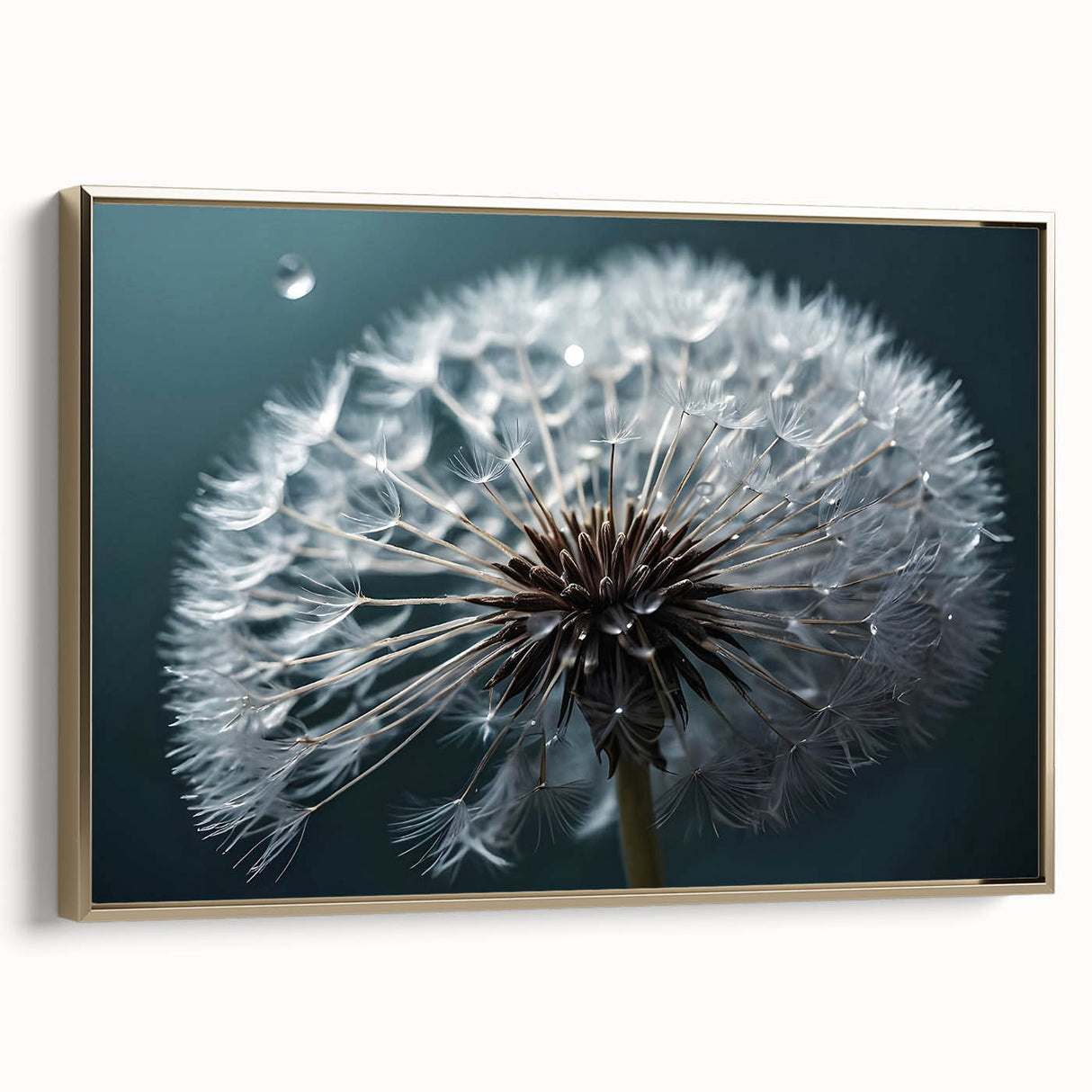 Framed wall art featuring a botanical design of dandelions on canvas, elegantly presented with a gold frame, showcasing intricate details and a modern aesthetic.