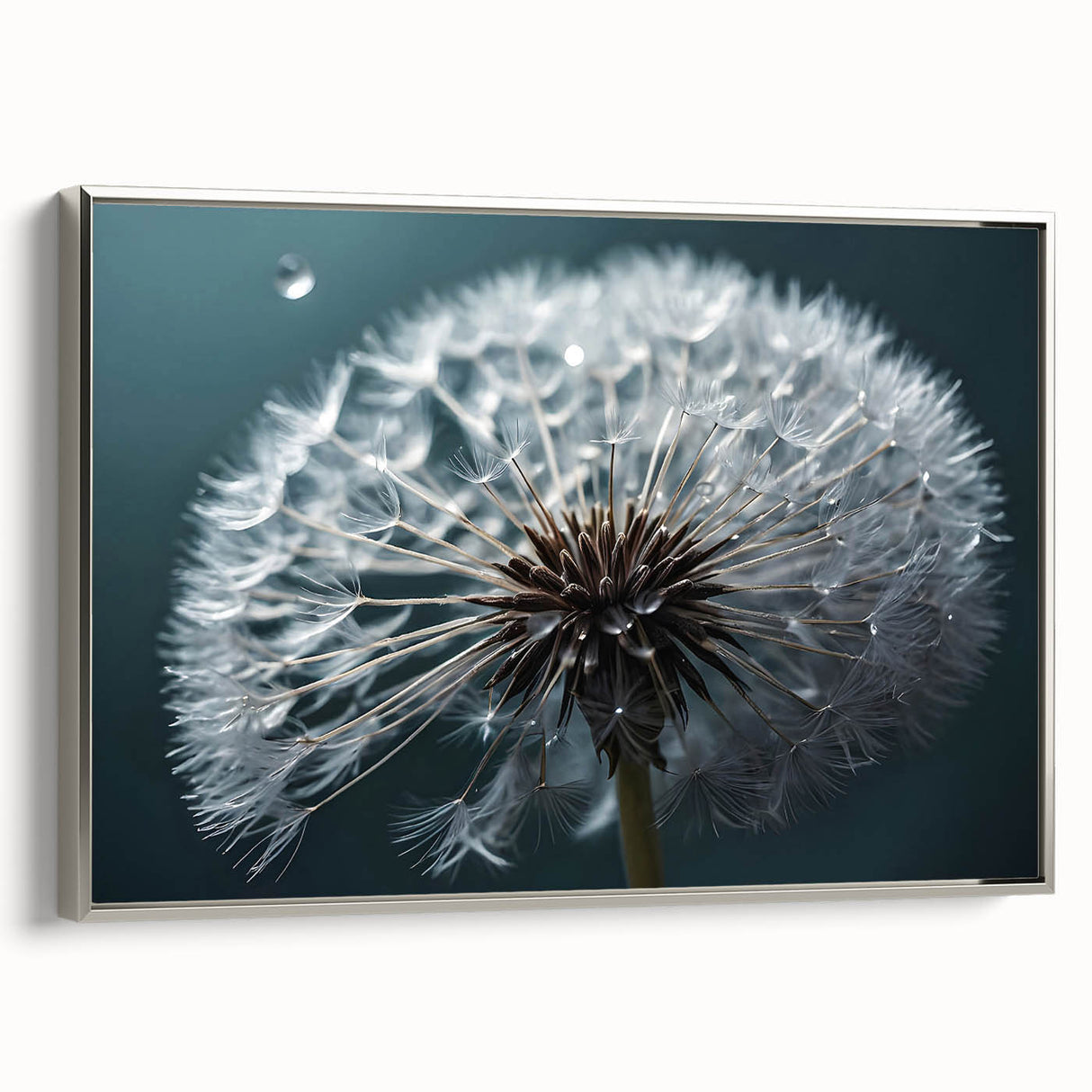 Framed wall art piece showcasing a botanical dandelion design in a silver frame, highlighting intricate details and textures, perfect for home decor accents.
