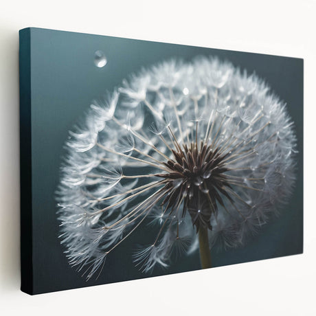 Stretched canvas wall art showcasing a detailed botanical dandelion design, featuring delicate white flowers on a soft pastel background, perfect for home decor.