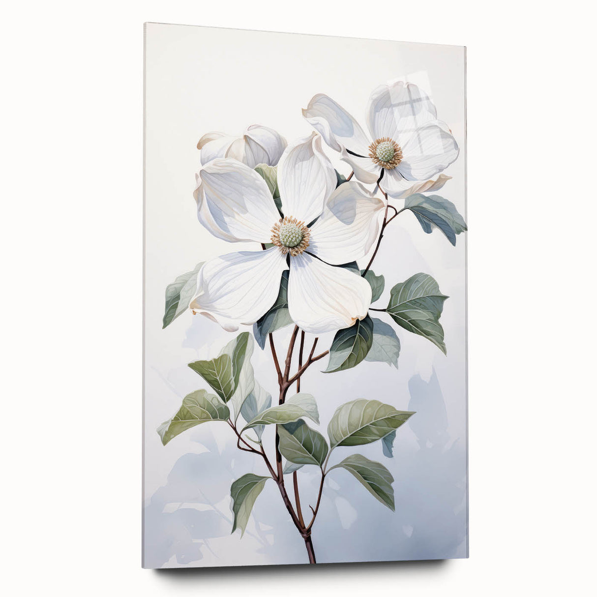 Side view of a botanical dogwood wall art piece, showcasing vibrant flower designs printed on acrylic glass. Perfect for enhancing modern home decor.