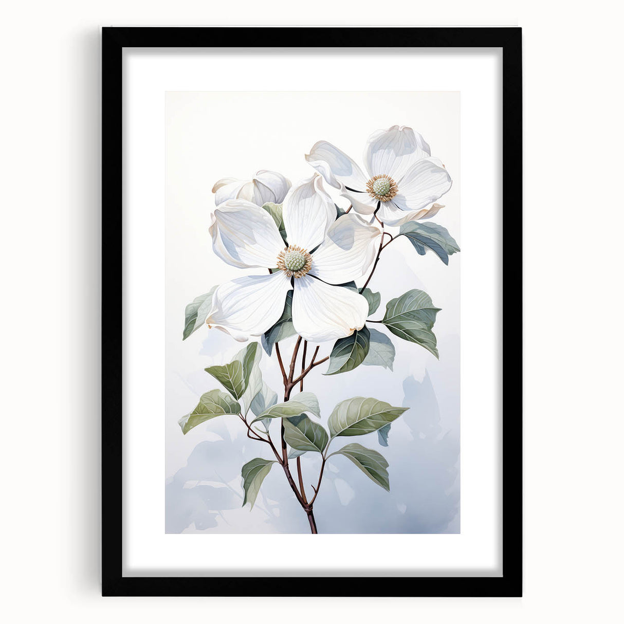 Botanical wall art featuring a dogwood design in a sleek black frame with a mat, showcasing intricate floral details and vibrant colors, perfect for home decor.