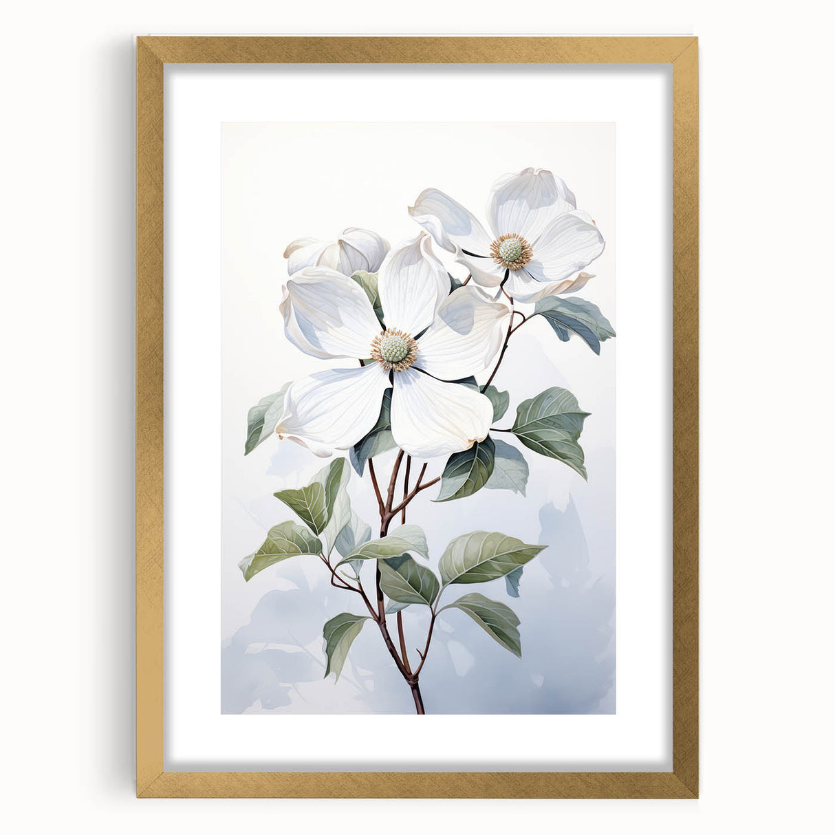 Elegant botanical wall art featuring a dogwood floral design in a gold frame with matting, showcasing intricate details and vibrant colors, ideal for home decor.