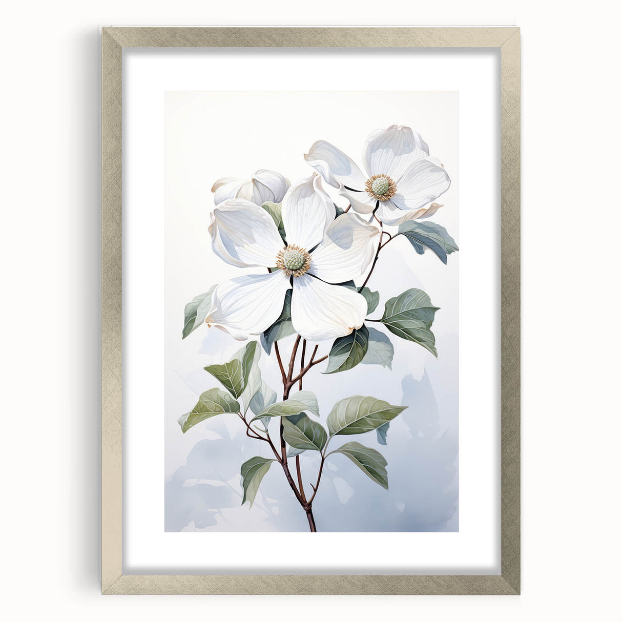 Botanical wall art featuring a silver-framed dogwood design with a white mat, showcasing delicate flower illustrations ideal for home decor.