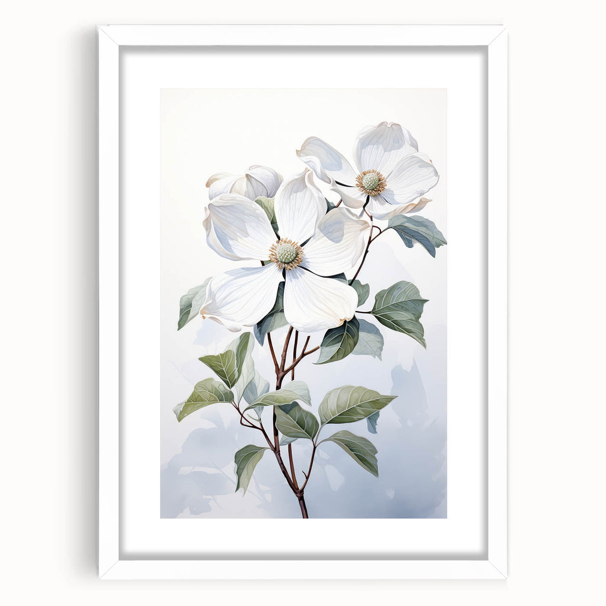 Botanical dogwood wall art design featuring delicate white flowers in a modern frame with a mat, ideal for enhancing home decor with a touch of nature.