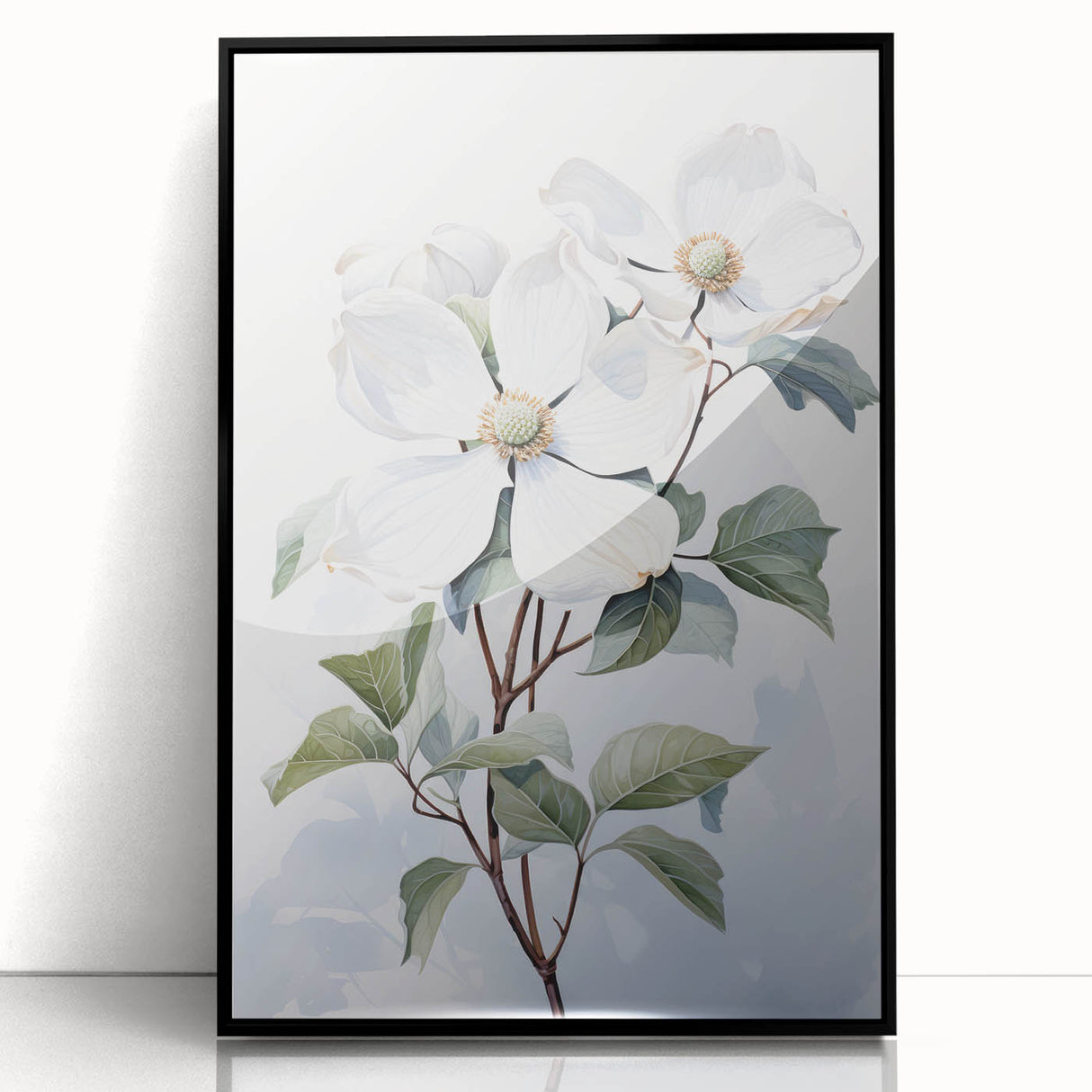 Framed black acrylic wall art showcasing a botanical dogwood design, ideal for home decor. Elegant and contemporary, perfect for floral enthusiasts.