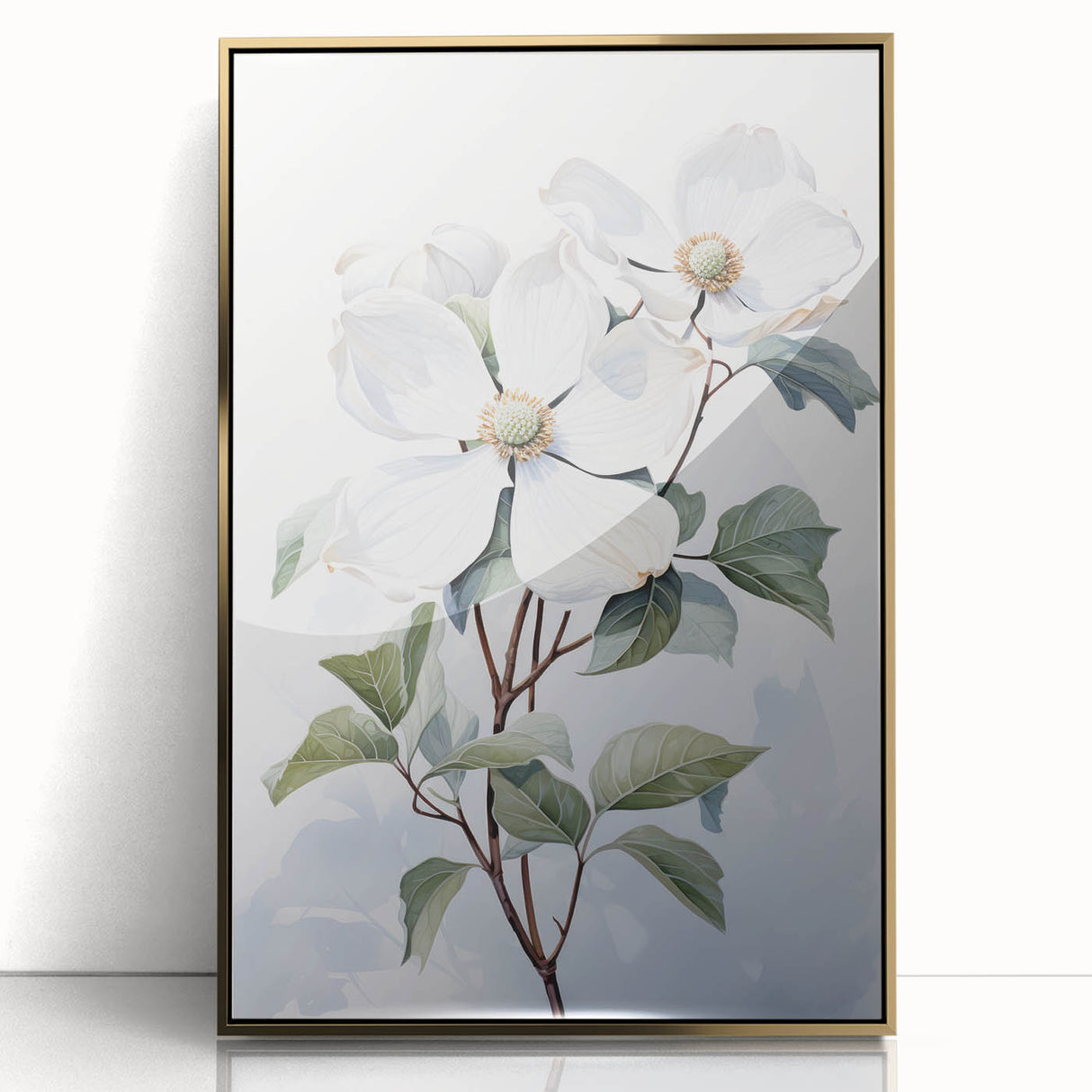 Framed wall art featuring a botanical dogwood design with acrylic glass, gold accents, and a contemporary aesthetic, perfect for home decor.
